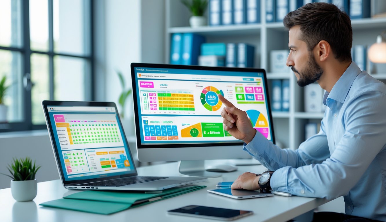 Seorang profesional sedang menganalisis data hasil togel menggunakan perangkat digital di ruang kantor yang terang dan rapi.