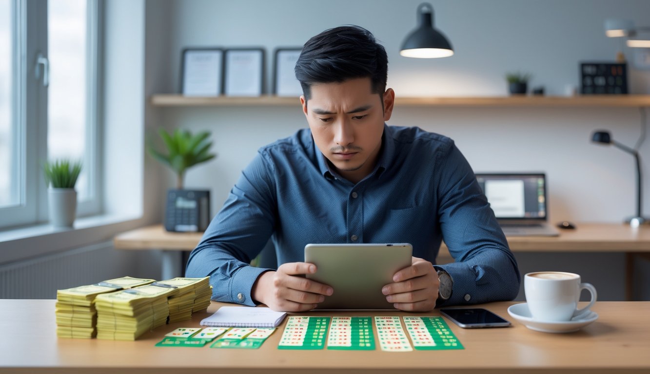 Seorang pria muda duduk di meja kerja dengan tablet dan catatan, memeriksa angka lotre dan uang di meja.