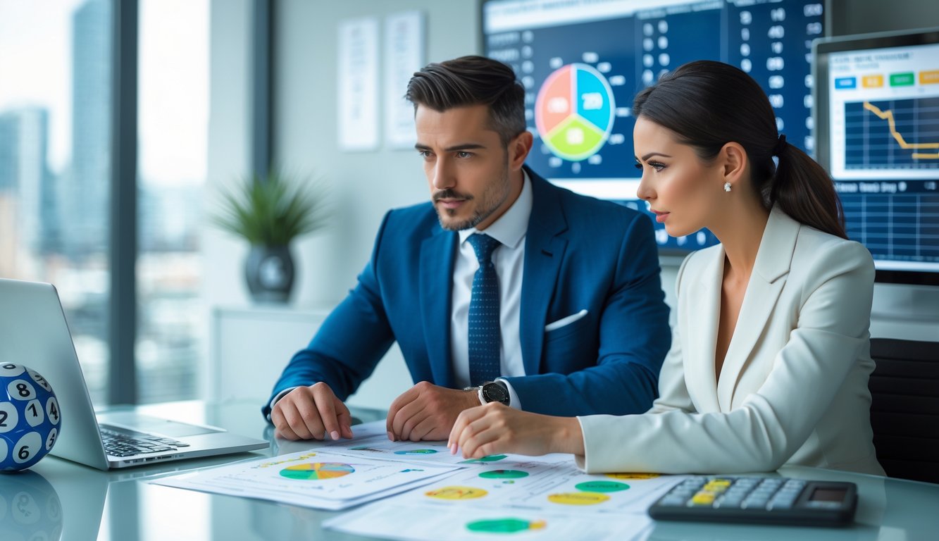 Dua orang profesional sedang berdiskusi dan menganalisis data di kantor modern dengan alat-alat terkait lotere di sekitar mereka.