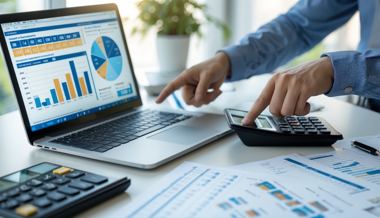 Meja kerja dengan laptop yang menampilkan grafik statistik angka, tangan seseorang menggunakan kalkulator dan menunjuk layar laptop.