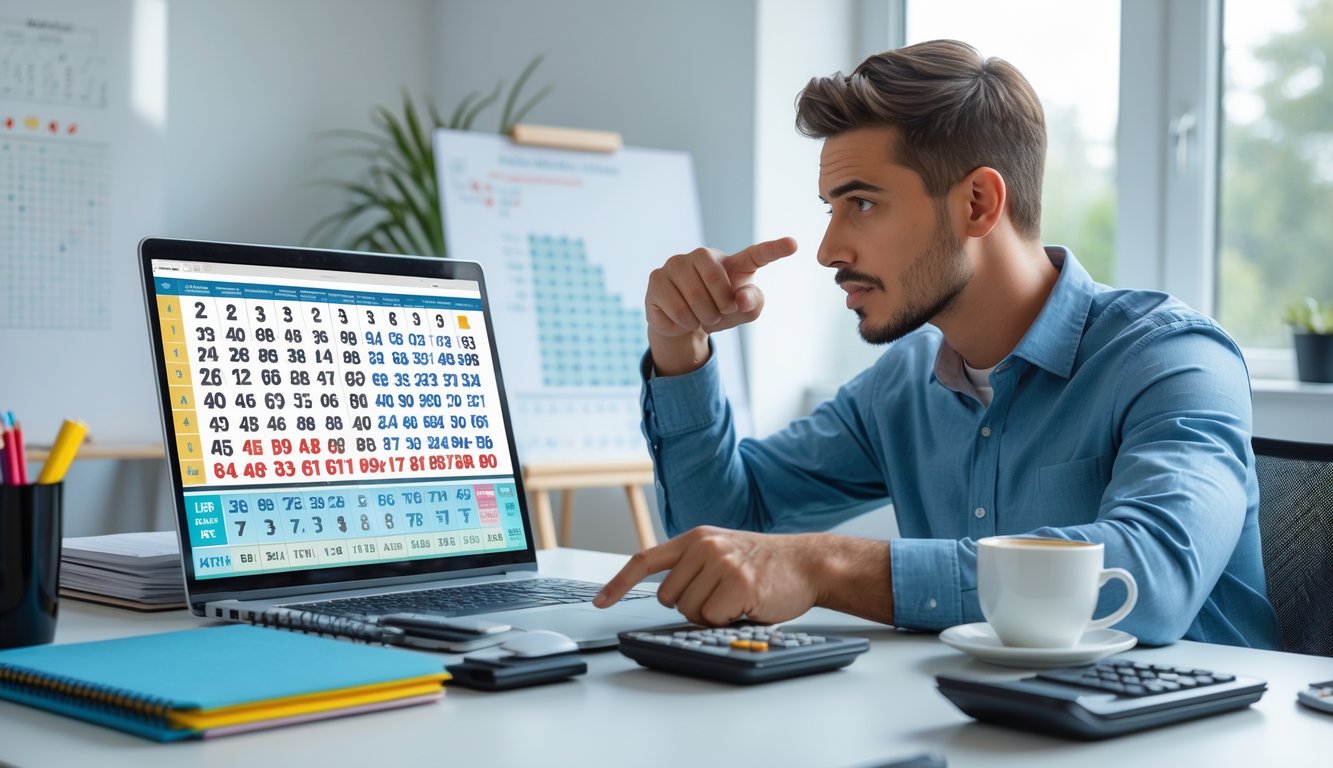 Seseorang duduk di meja kerja dengan laptop, menganalisis angka togel dengan fokus di ruang kerja yang terang dan rapi.