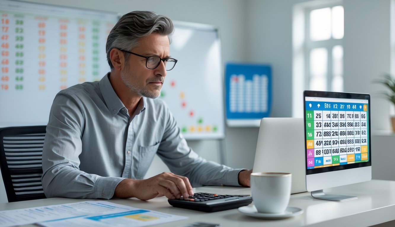 Seorang pria dewasa duduk di meja kantor dengan laptop dan alat tulis, tampak fokus menganalisis angka.