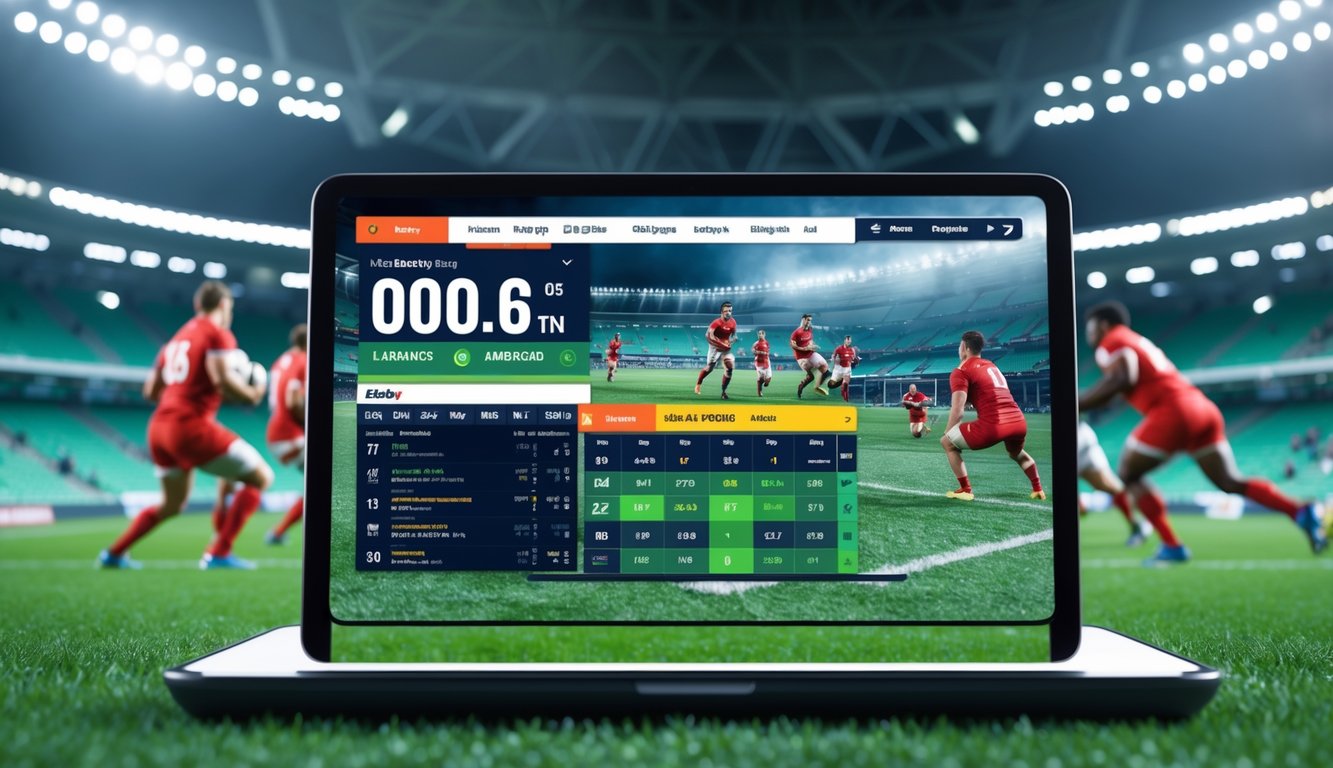 Seorang pria menggunakan tablet untuk melihat peluang taruhan rugby dengan latar belakang pertandingan rugby yang sedang berlangsung di stadion.