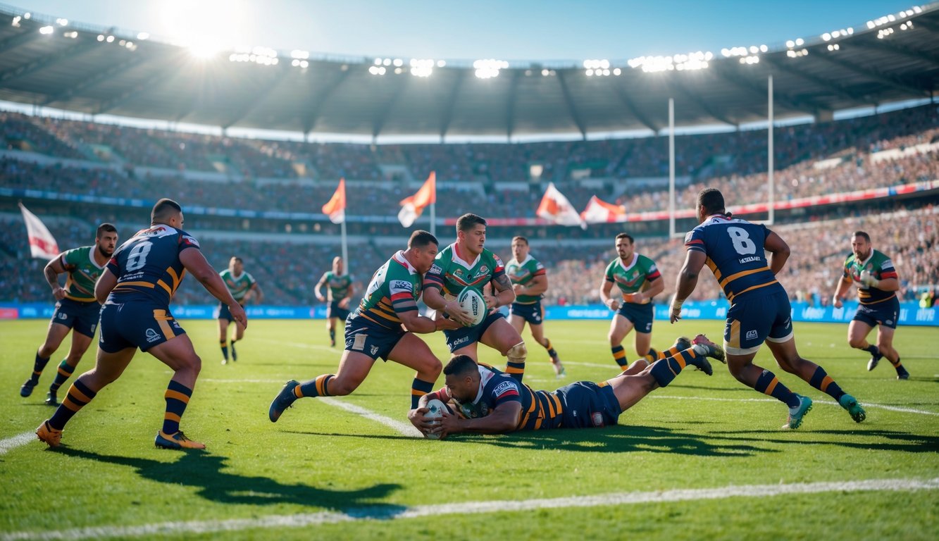 Pertandingan rugby liga internasional yang intens dengan pemain beraksi di lapangan dan penonton bersorak di stadion besar.