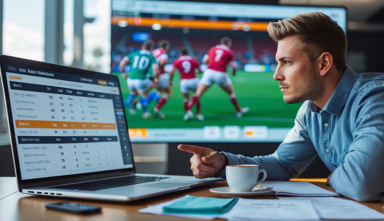 Seseorang sedang menganalisis statistik dan peluang taruhan rugby di depan laptop dengan pertandingan rugby ditampilkan di layar besar di latar belakang.