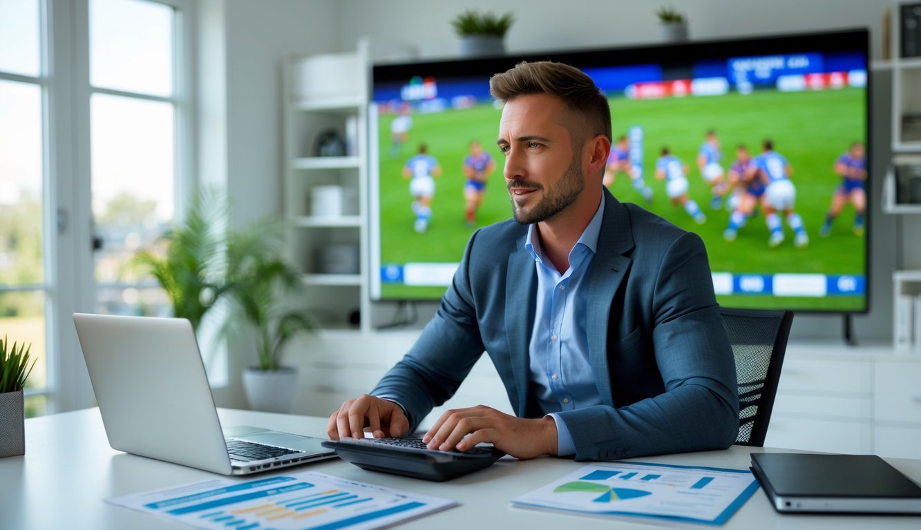 Seorang pria duduk di meja kerja dengan laptop dan alat tulis, memperhatikan pertandingan rugby di layar di belakangnya.
