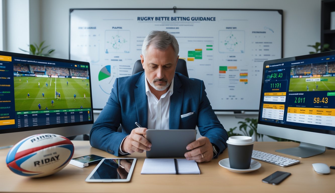 Seorang pria fokus duduk di meja dengan beberapa layar yang menampilkan statistik pertandingan rugby dan peluang taruhan, sambil mencatat dan menganalisis data.
