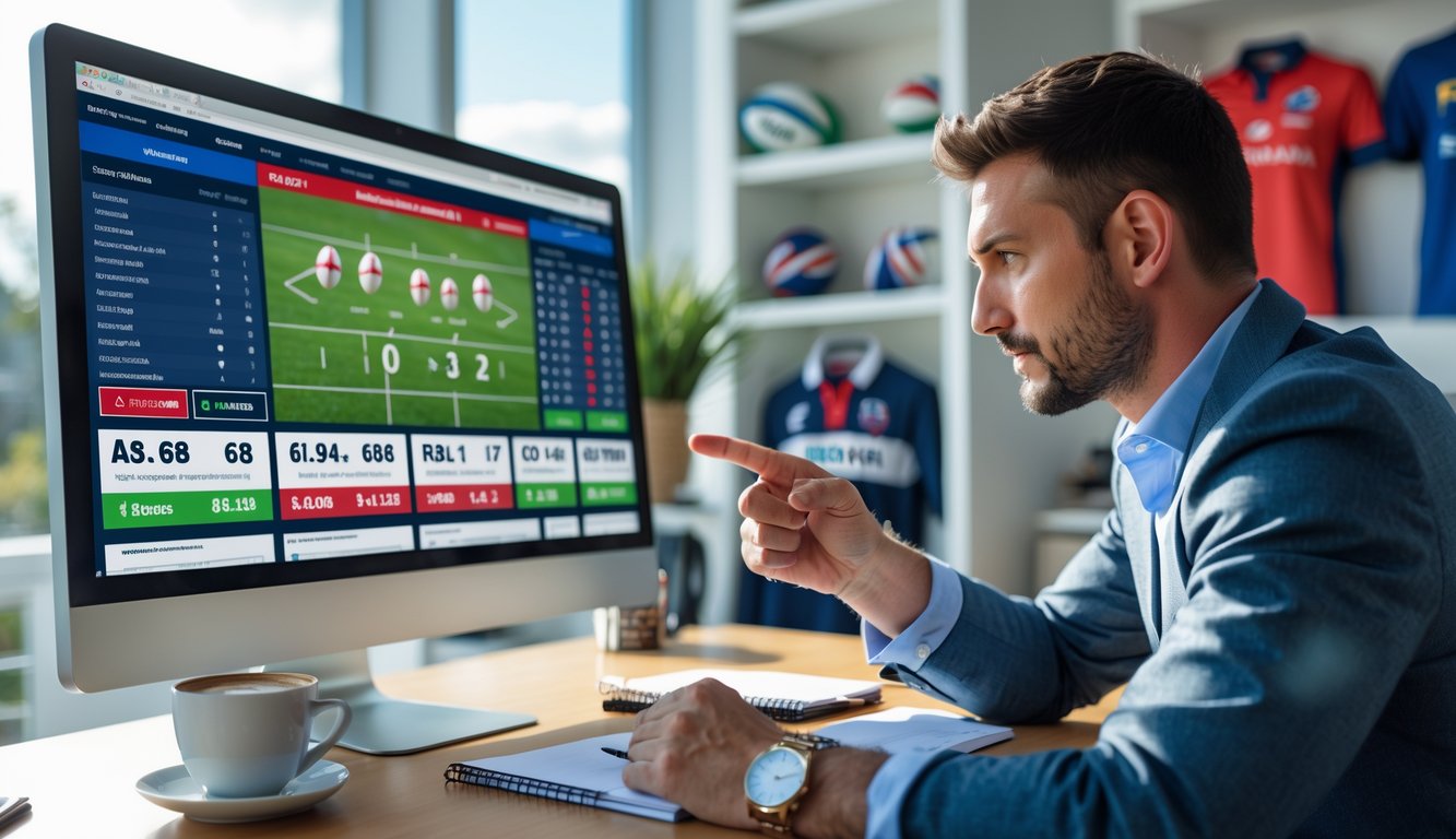 Seorang pria fokus menganalisis prediksi skor taruhan rugby di depan laptop di ruang kerja modern.