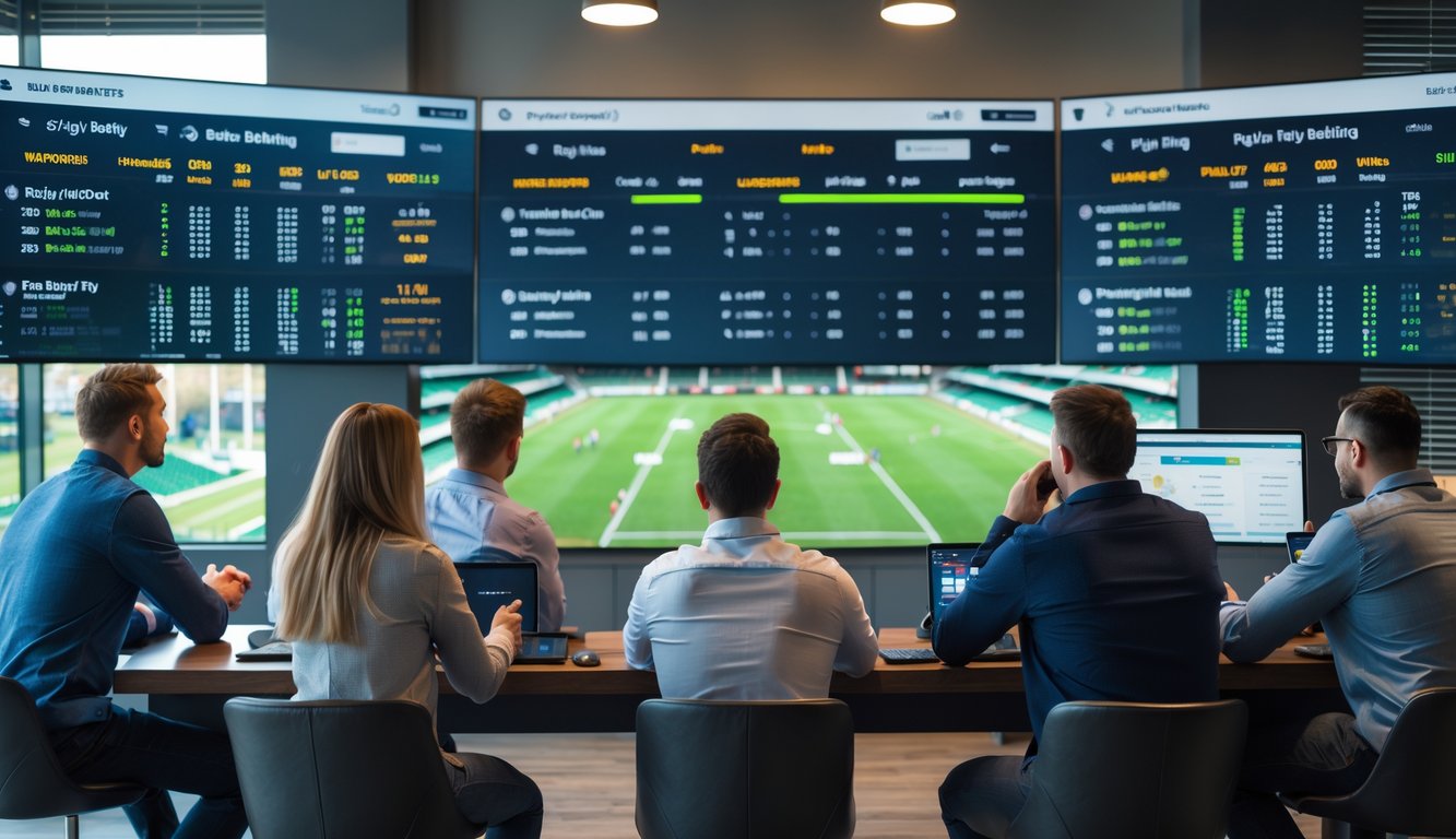 Sekelompok orang sedang menonton layar besar yang menampilkan statistik pertandingan rugby dan peluang taruhan, dengan suasana fokus dan dinamis.