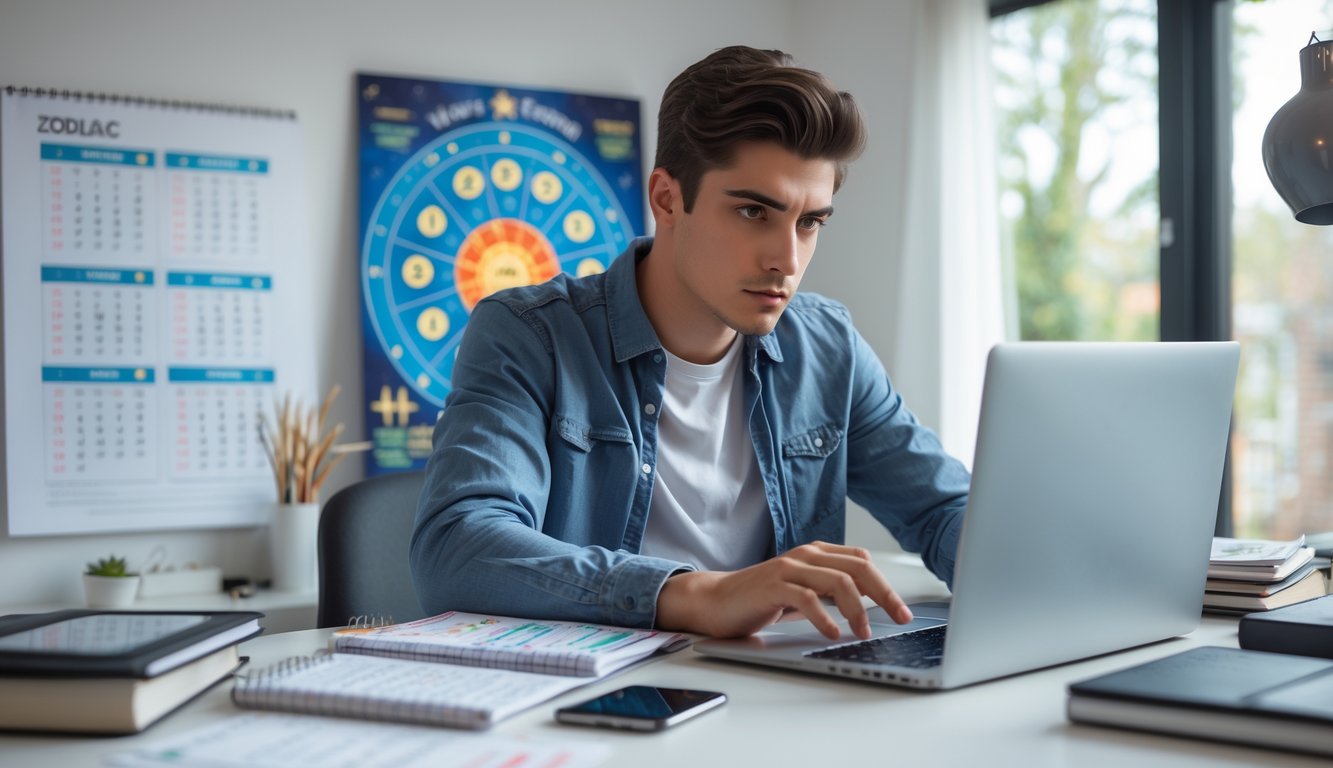 Seorang dewasa muda sedang duduk di meja dengan laptop dan catatan, mempelajari data terkait togel dan shio di ruang kerja yang terang.