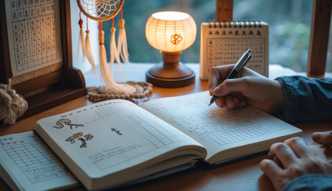 Meja kayu dengan buku catatan terbuka berisi gambar hewan shio, tangan memegang pena, dan dekorasi seperti penangkap mimpi dan kalender tradisional di latar belakang.