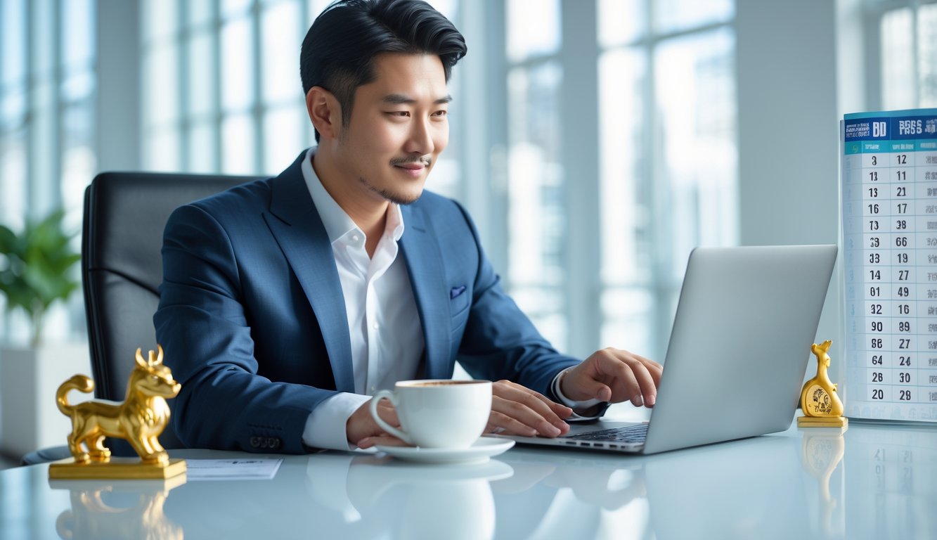 Seorang pria Asia duduk di meja kantor modern sambil melihat layar laptop dengan ekspresi fokus, di mejanya terdapat figur hewan shio dan secangkir kopi.