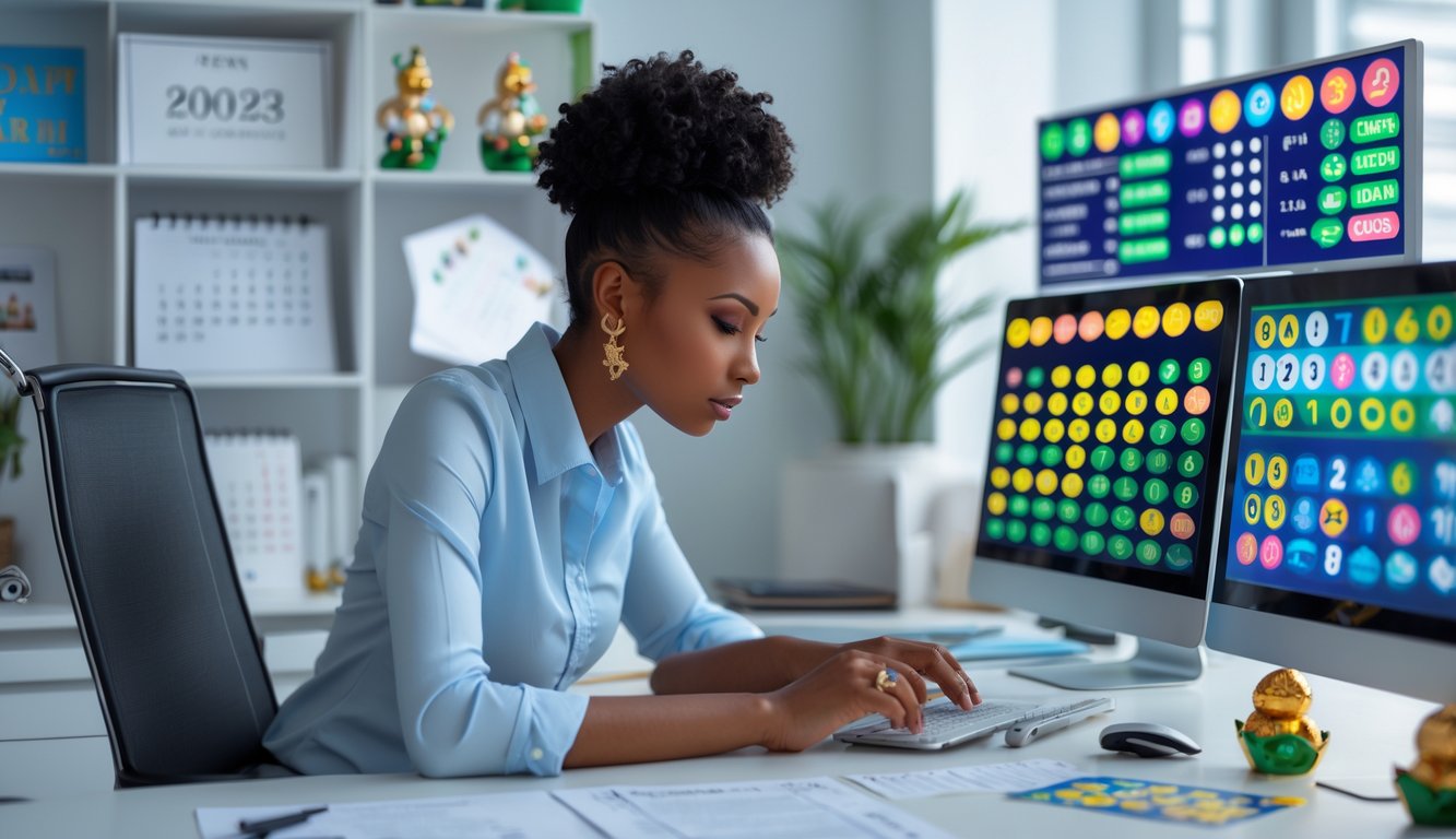 Seseorang duduk di meja kerja modern sambil menganalisis angka togel dan simbol shio dengan layar digital dan alat tulis di sekitarnya.