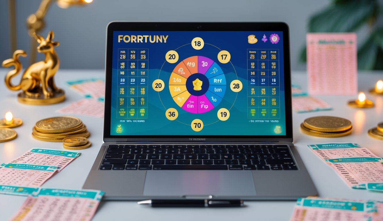 Meja kerja dengan laptop yang menampilkan grafik zodiak dan angka keberuntungan, tiket lotere, pena, dan patung kecil hewan zodiak, dengan koin emas di latar belakang.