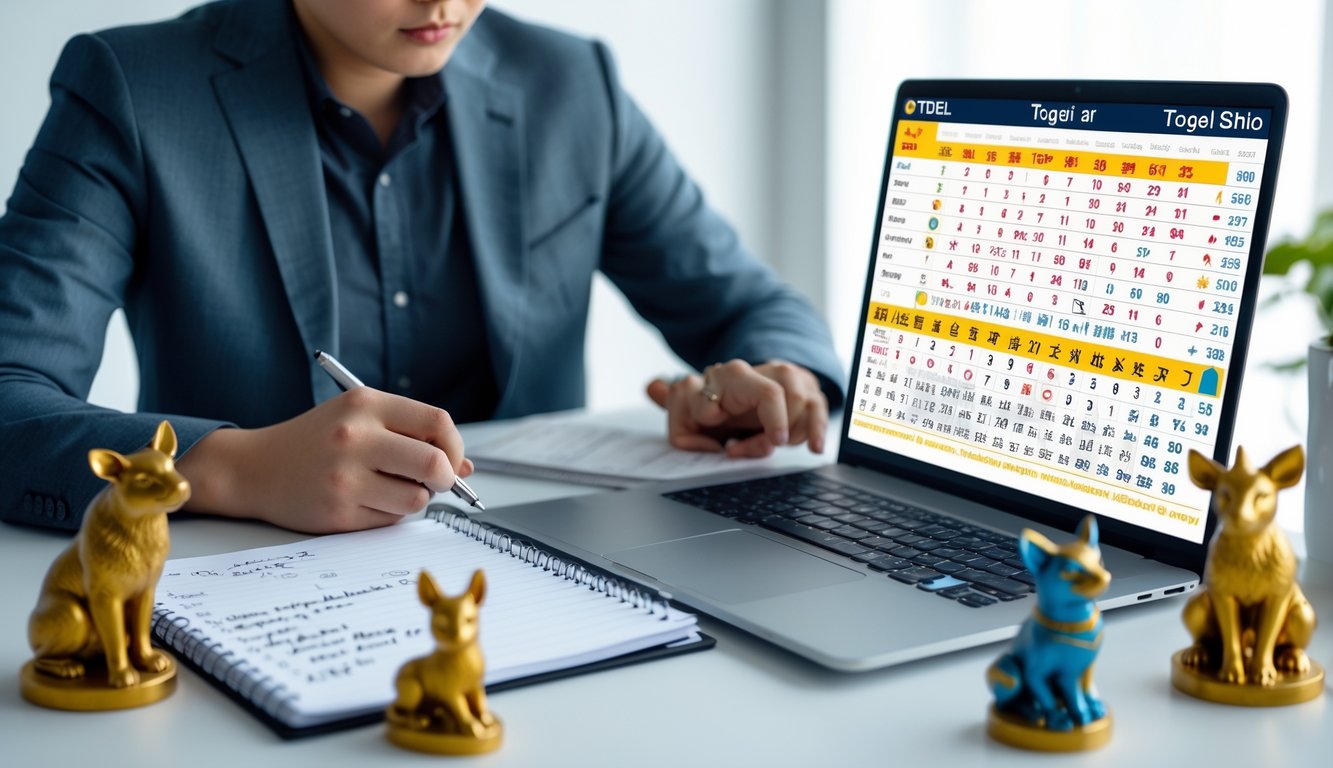 Seseorang sedang fokus menganalisis angka togel dan simbol shio di meja kerja dengan laptop, catatan, dan figur shio di sekitarnya.
