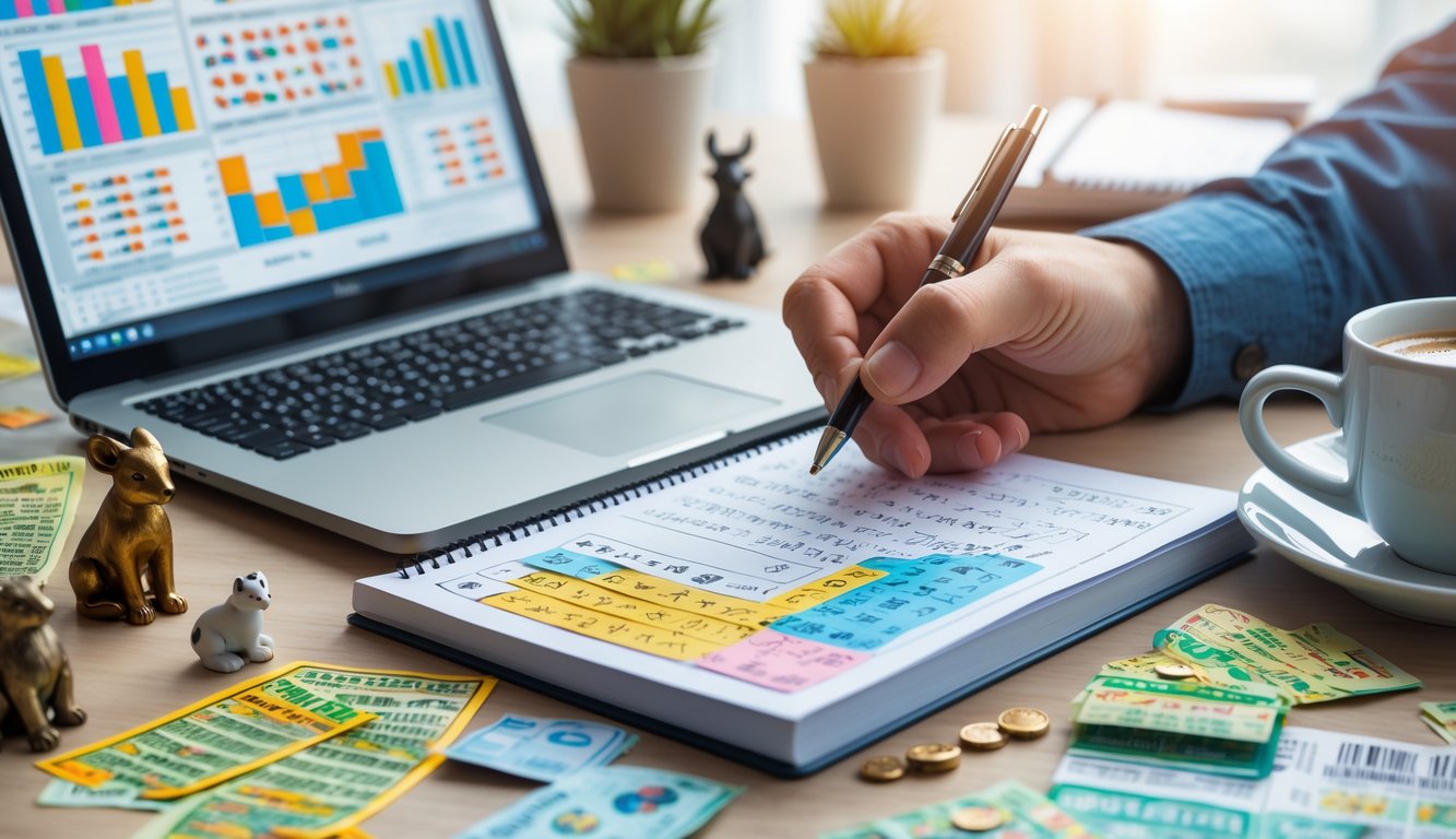 Meja kerja dengan laptop, catatan, dan figur hewan shio yang melambangkan keberuntungan.