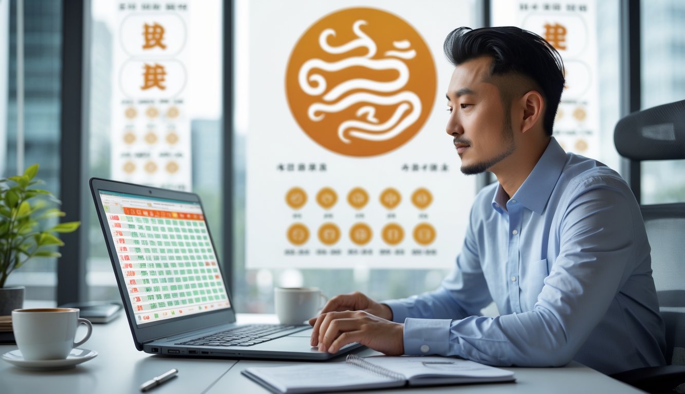 Seorang pria Asia duduk di meja kerja dengan laptop, menganalisis data dan simbol shio di latar belakang.
