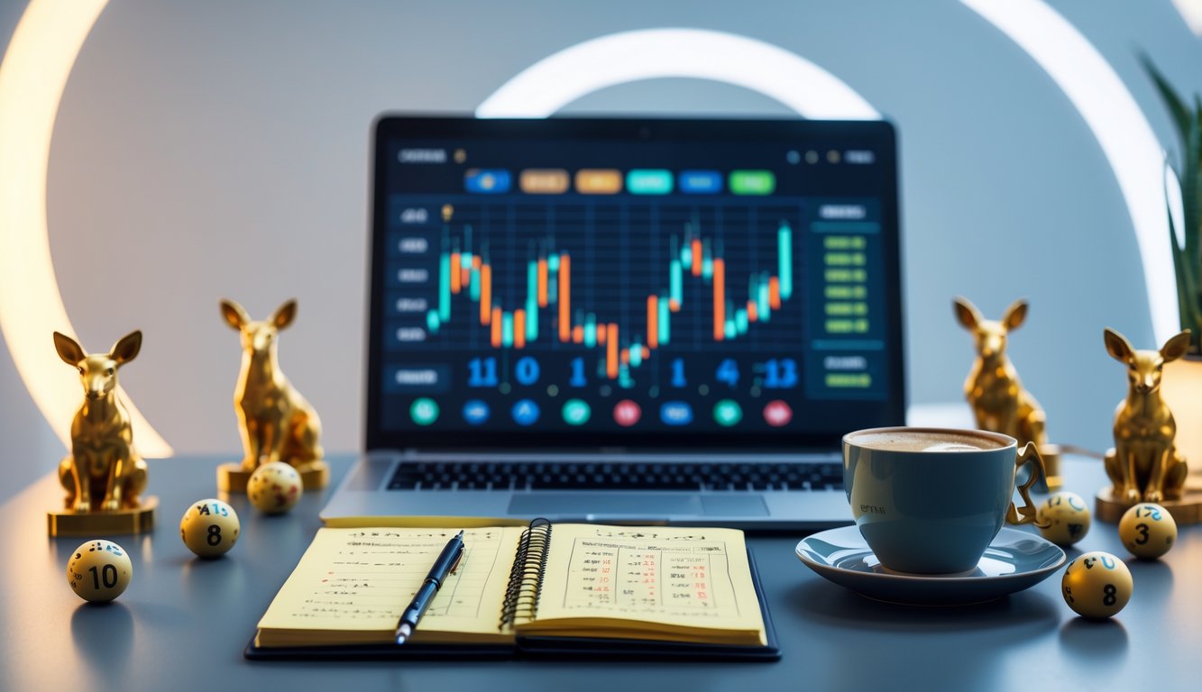 Meja kerja dengan laptop, buku catatan, dan figur hewan shio yang menggambarkan suasana terkait judi togel dan keberuntungan.