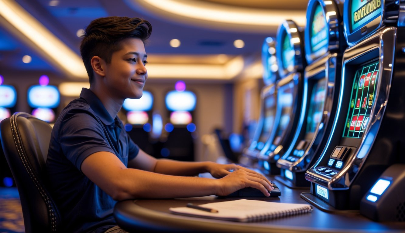 Seorang pemula sedang bermain mesin slot di meja kasino yang bersih dan terang dengan ekspresi fokus dan tenang.