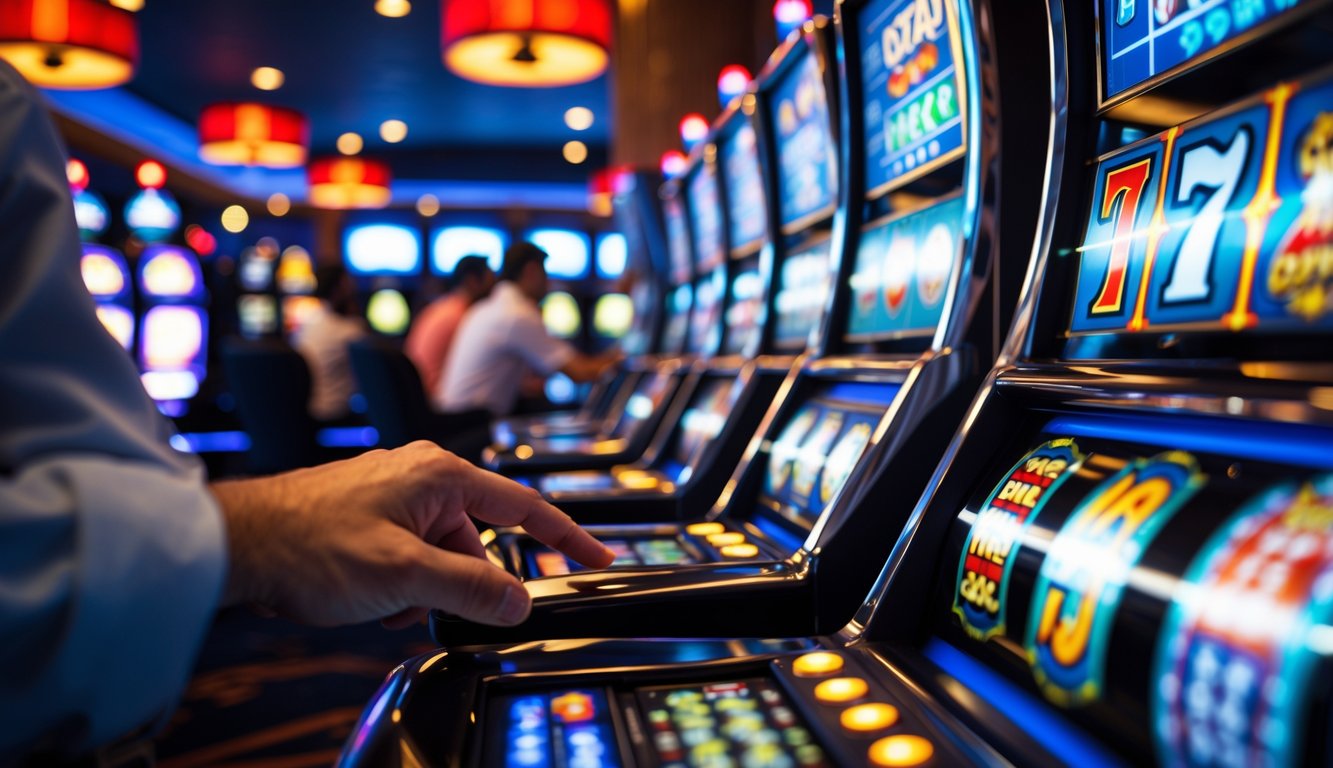Seorang pemain sedang menekan tombol spin pada mesin slot di dalam kasino yang terang dan modern.