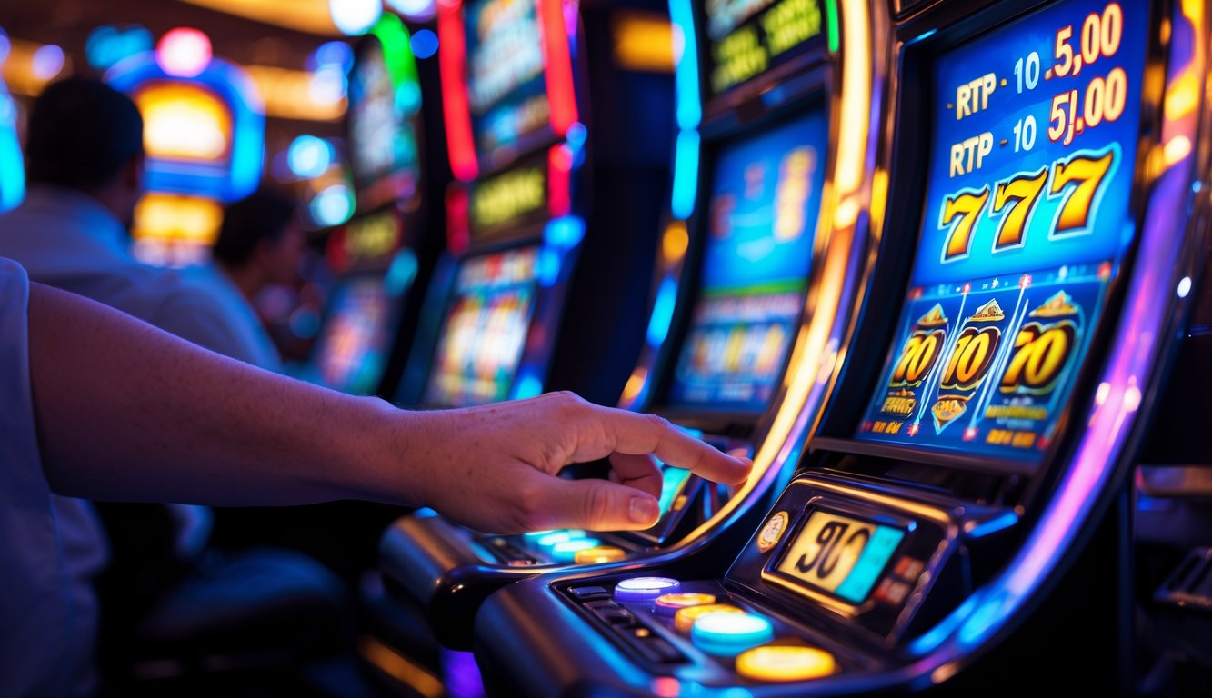 Tangan seseorang menekan tombol putar pada mesin slot yang berwarna cerah di dalam kasino dengan suasana ramai.