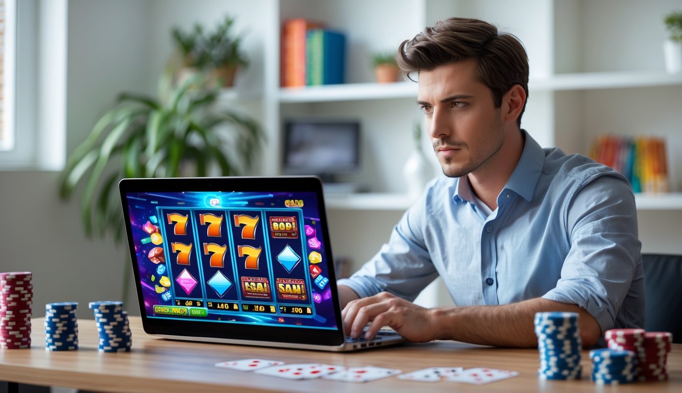 Seorang pria muda duduk di meja dengan laptop yang menampilkan permainan slot, dikelilingi oleh chip poker dan kartu remi di ruangan yang terang dan nyaman.