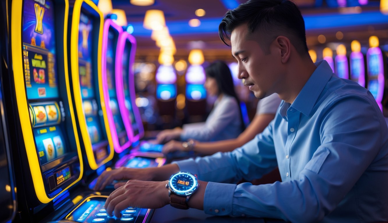 Seorang pria dewasa sedang bermain mesin slot di kasino dengan jam tangan digital yang terlihat jelas di pergelangan tangannya.