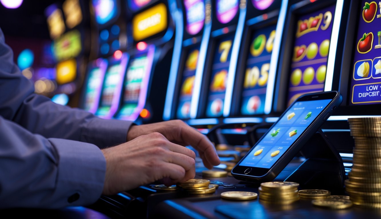 Seseorang sedang bermain mesin slot di kasino dengan suasana tenang dan fokus, tangan mereka terlihat menggunakan mesin slot dan sebuah ponsel menampilkan aplikasi keuangan.