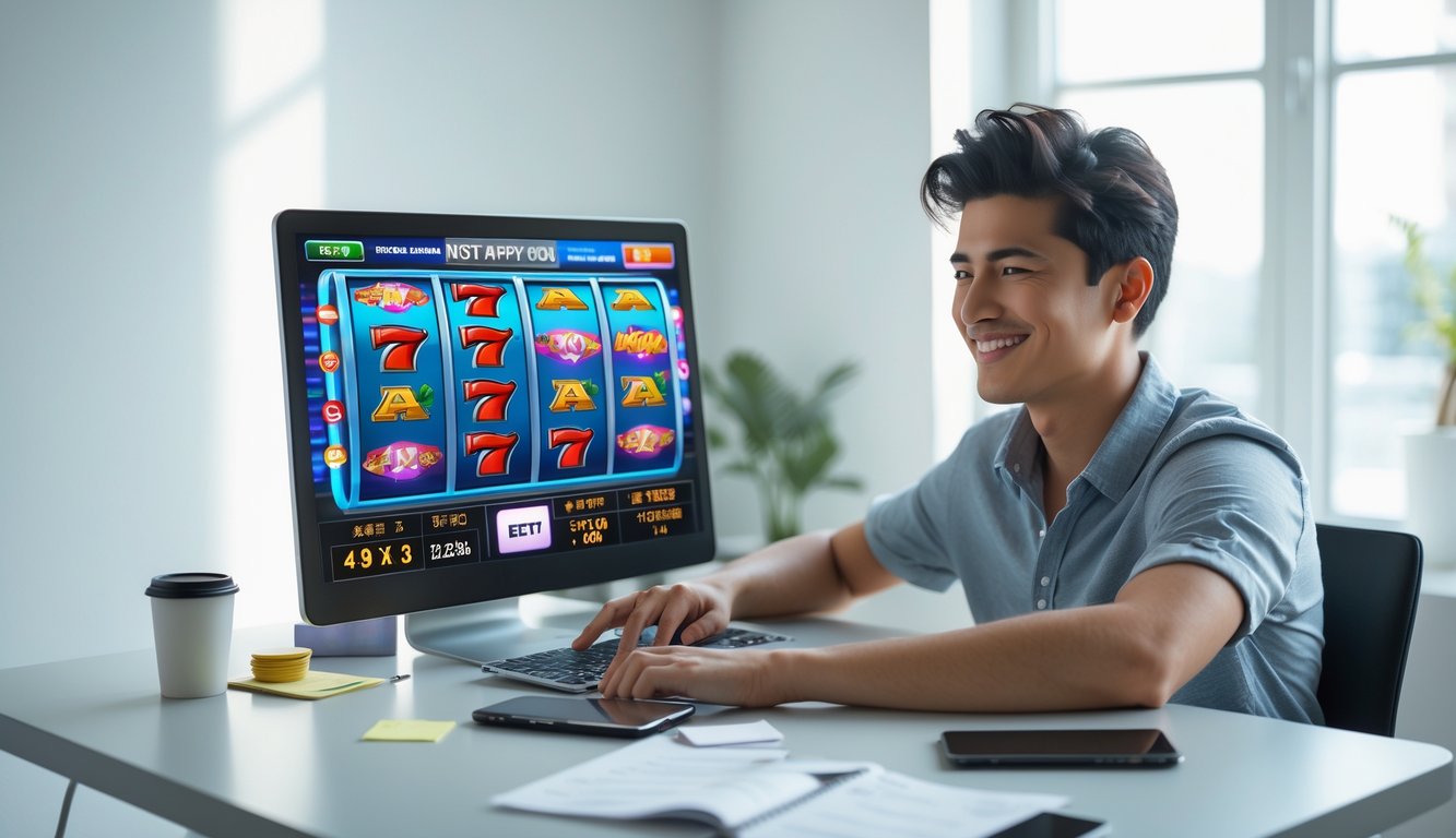 Seorang dewasa muda duduk di meja dengan laptop yang menampilkan grafik mesin slot, tersenyum dan fokus dalam ruangan yang terang.