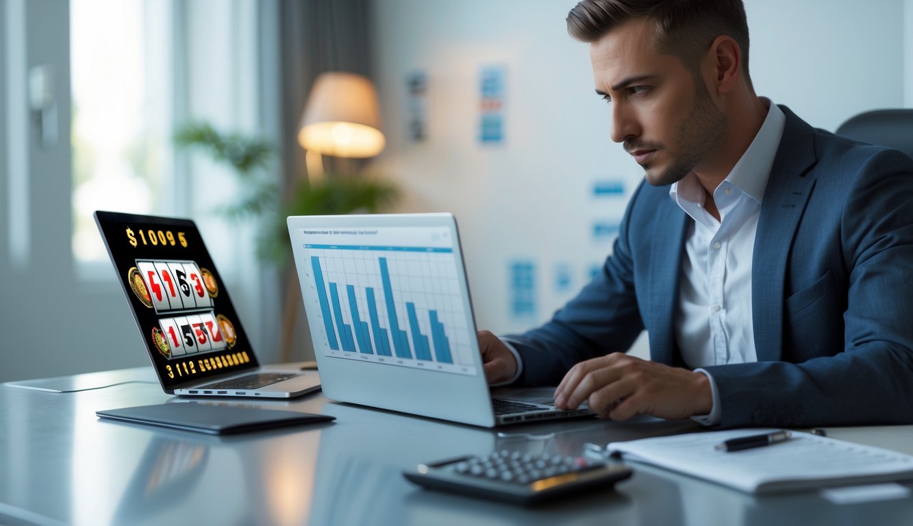 Seorang pria fokus duduk di meja modern menggunakan laptop dengan grafik mesin slot, dikelilingi alat hitung dan catatan di ruangan terang.