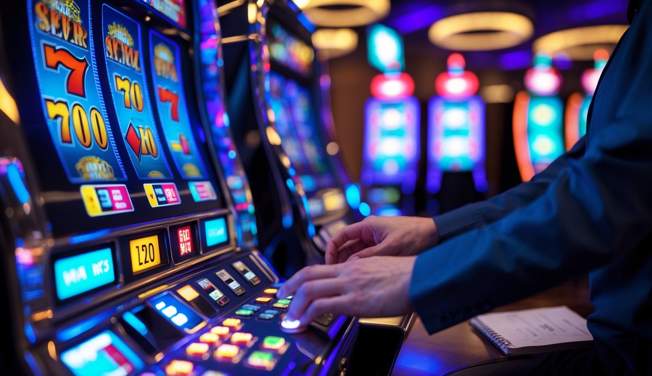 Tangan seseorang sedang bermain mesin slot di kasino dengan lampu warna-warni dan suasana yang cerah.