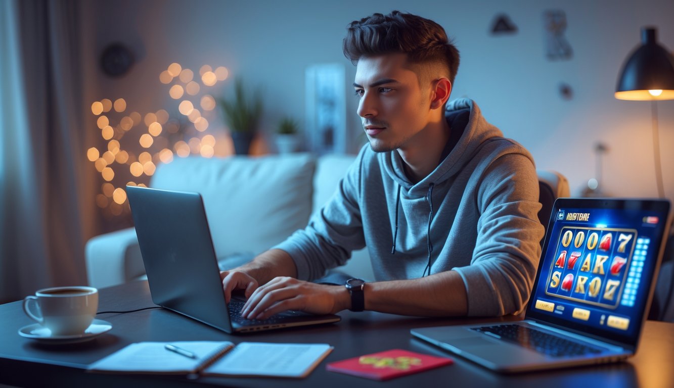 Seorang dewasa muda duduk di meja dengan laptop, fokus bermain permainan slot online di ruangan yang nyaman dan terang.