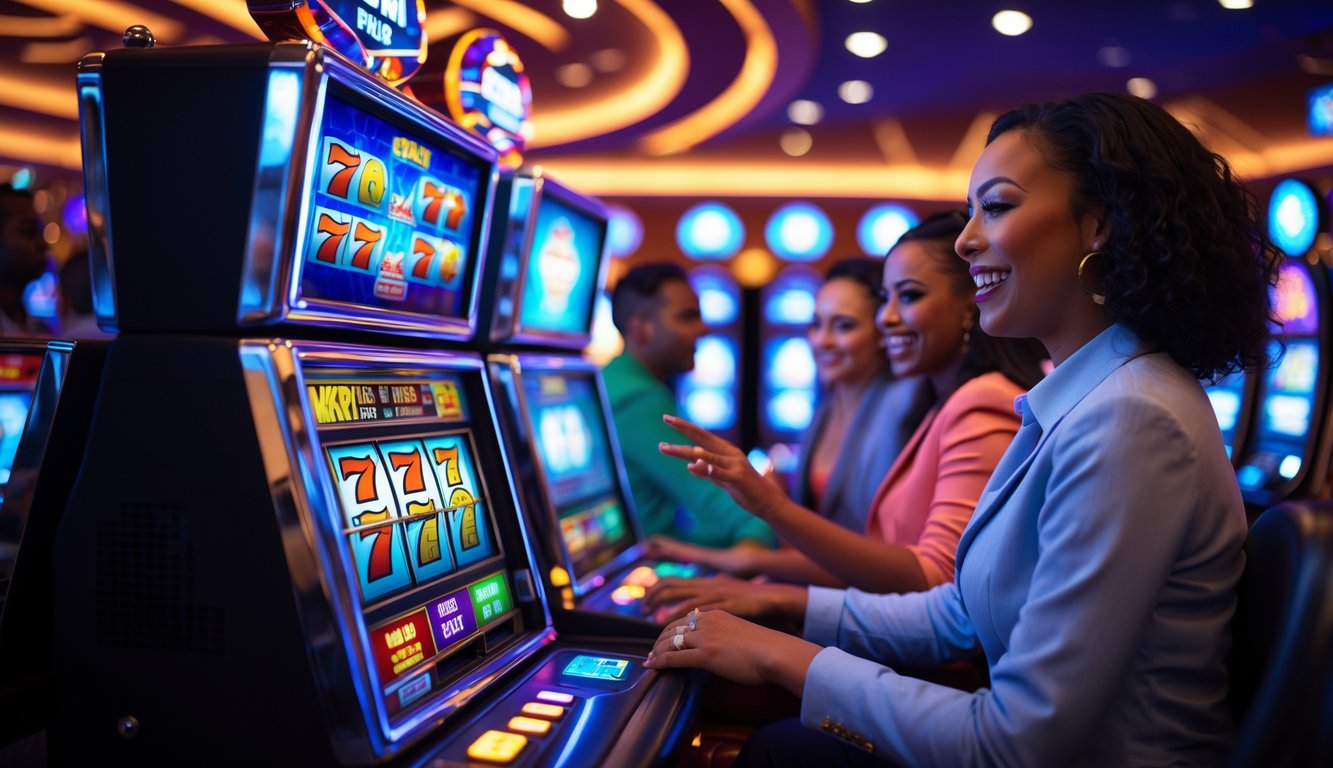 Orang-orang bermain mesin slot di kasino dengan mesin slot berwarna cerah dan lampu neon yang menyala.