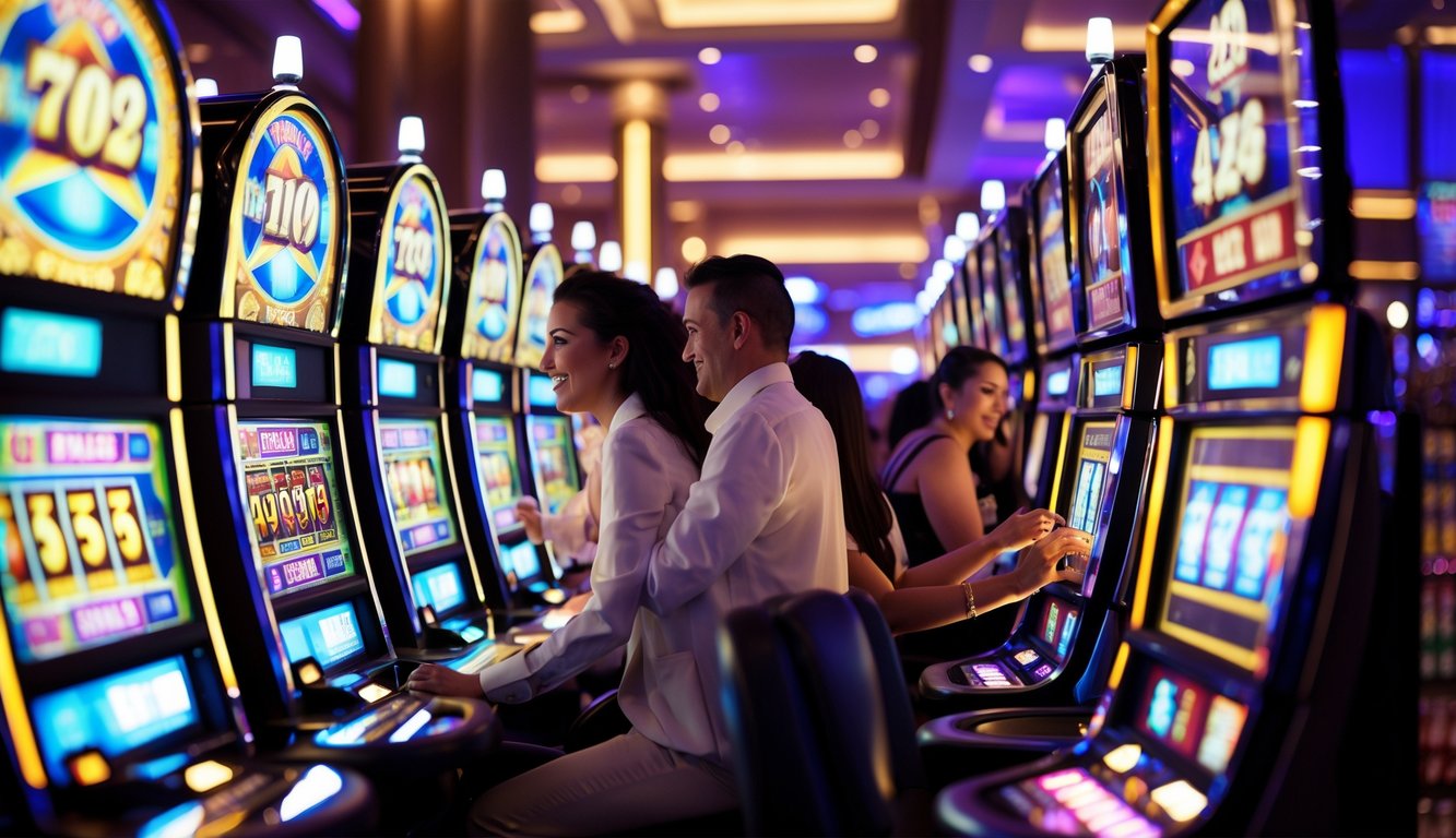 Orang-orang bermain mesin slot berwarna-warni di lantai kasino yang terang dan modern.