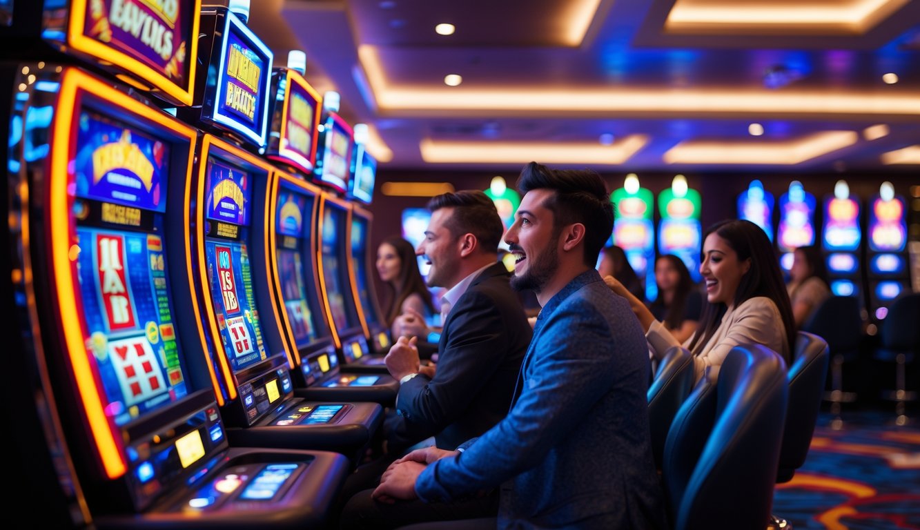 Area mesin slot di kasino dengan beberapa pemain yang sedang bermain dan suasana yang hidup dan berwarna-warni.