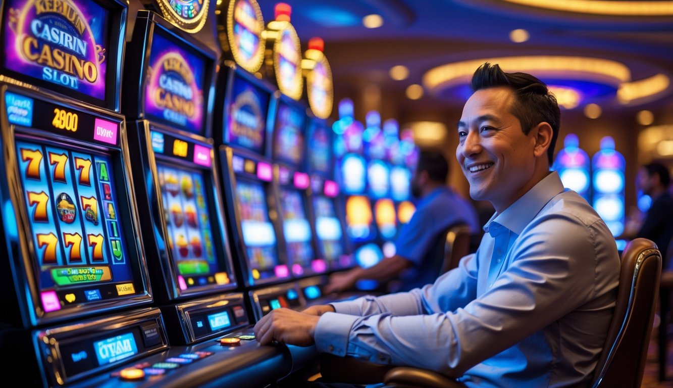Seorang pria dewasa duduk di depan mesin slot di kasino yang terang dan penuh warna, terlihat fokus dan bersemangat.