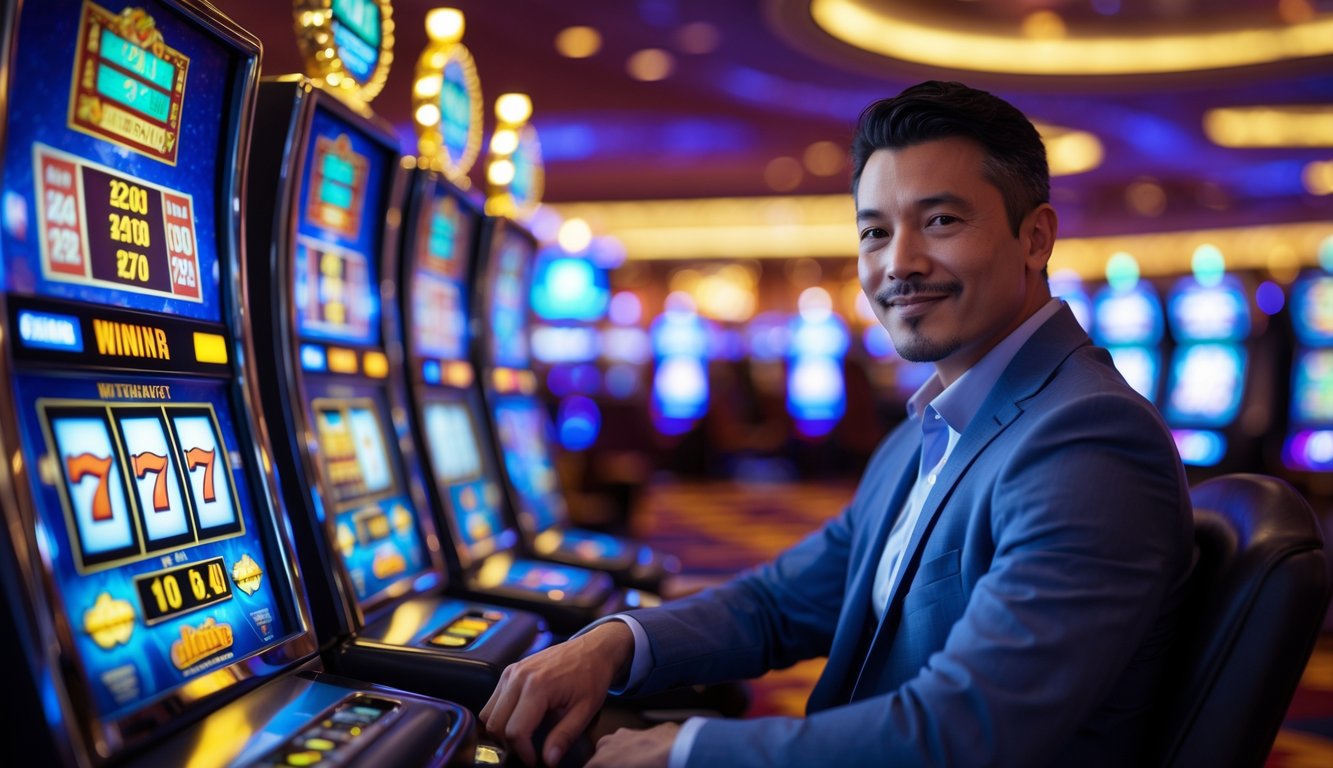Seorang pria dewasa duduk di depan mesin slot di dalam kasino yang ramai dan cerah, tampak fokus dan tersenyum sambil bermain.