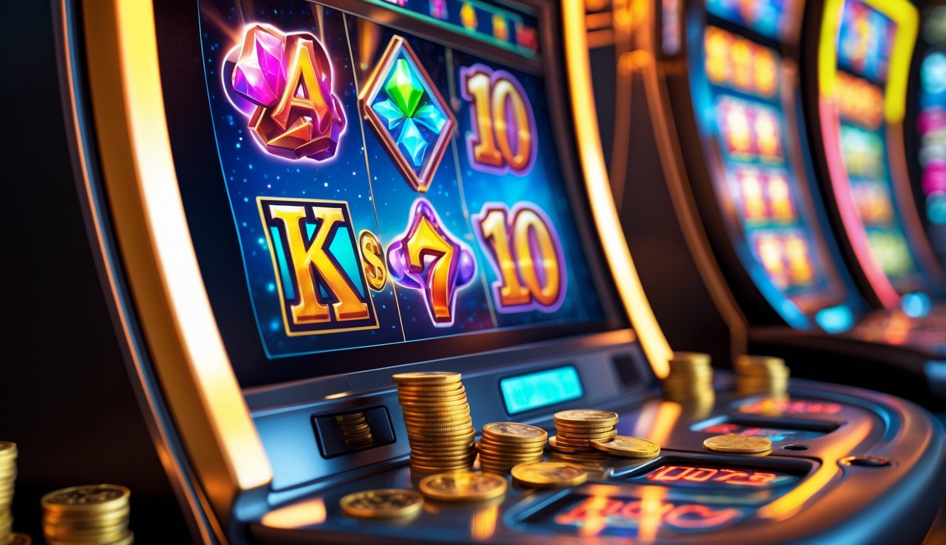 Mesin slot di kasino dengan simbol warna-warni dan koin yang tumpah, menunjukkan suasana kemenangan.