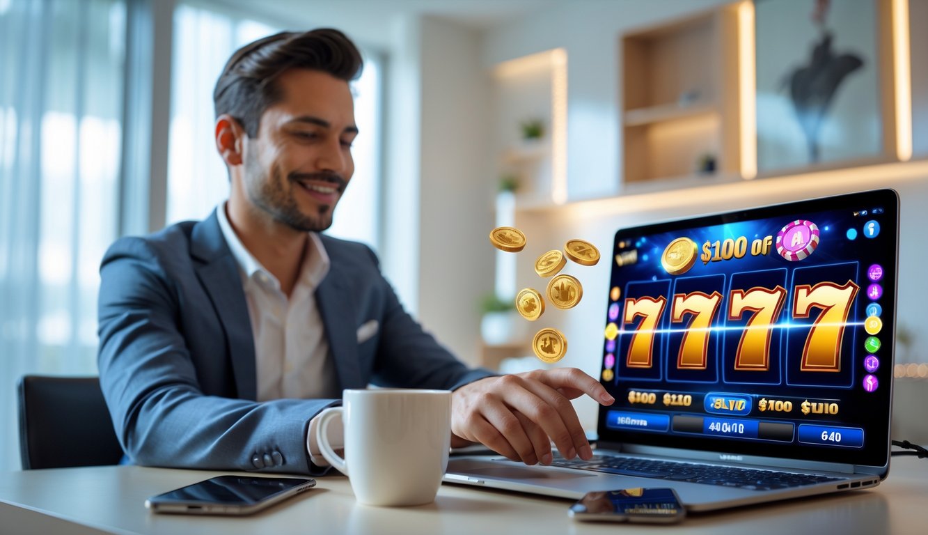 Seorang pemain sedang fokus bermain judi slot online di laptop dengan suasana ruangan modern dan pencahayaan alami.