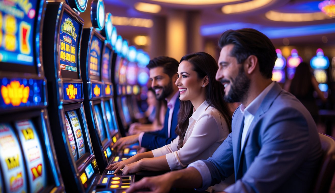 Beberapa orang sedang bermain mesin slot yang berwarna-warni di dalam kasino dengan suasana yang cerah dan menyenangkan.