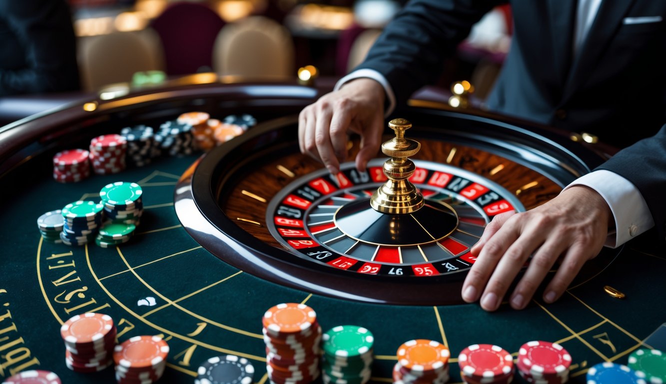 Meja roulette Amerika dengan roda roulette berputar dan tangan pemain yang sedang memasang chip taruhan.