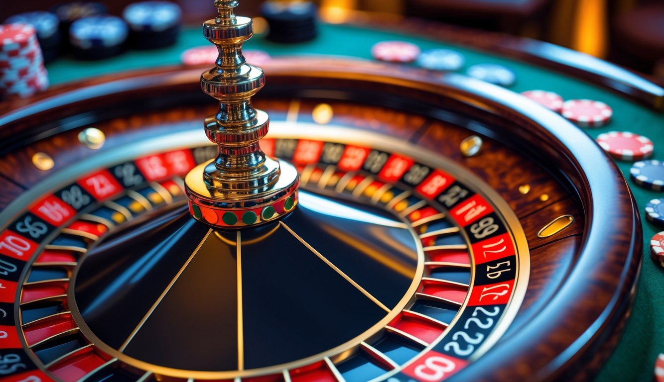 Meja roulette Amerika dengan roda roulette dan chip taruhan di kasino.