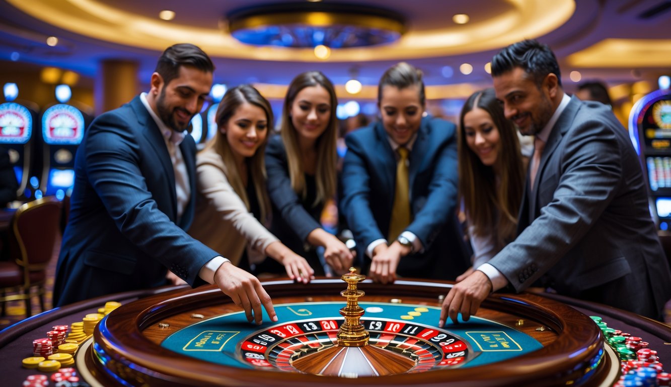 Meja roulette Amerika dengan roda roulette dan beberapa orang sedang memasang taruhan di kasino.