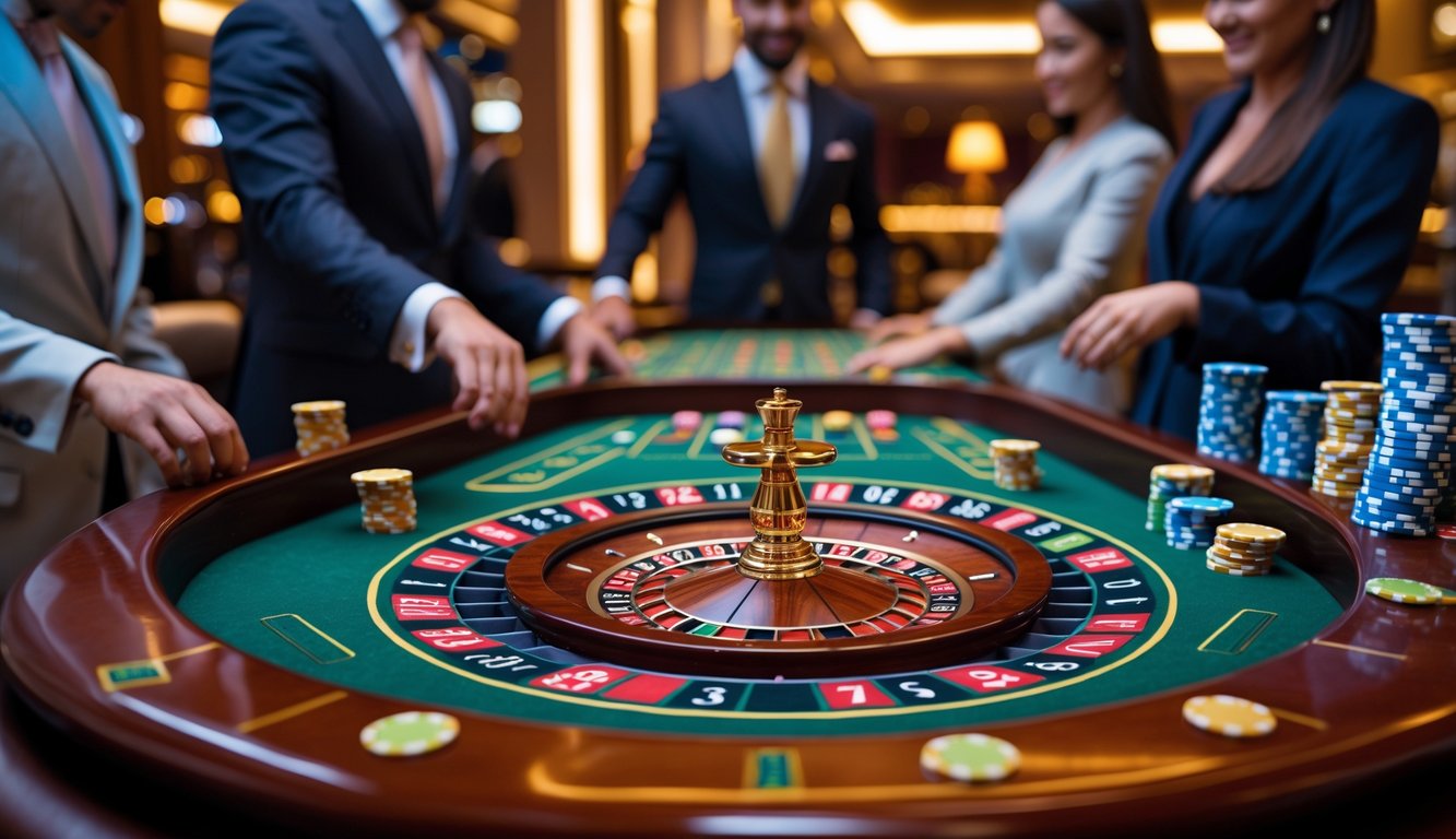 Meja roulette Amerika dengan pemain yang sedang bertaruh di kasino mewah.