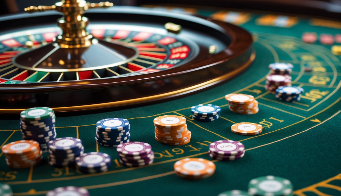 Pemandangan dekat roda roulette Amerika yang sedang berputar dengan chip taruhan di meja kasino hijau.