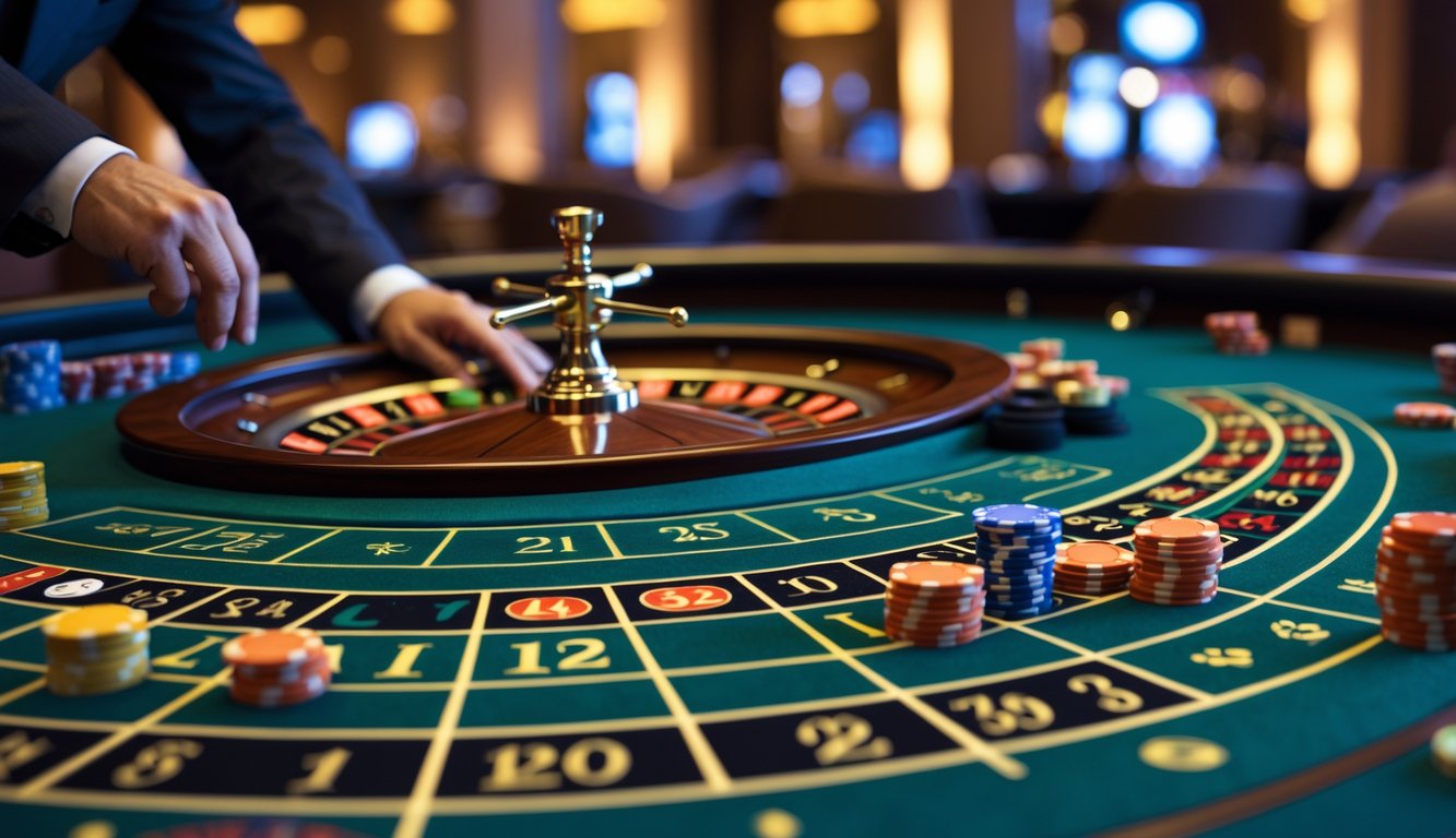 Meja roulette Amerika dengan bola berputar dan tangan pemain yang meletakkan chip taruhan secara strategis.
