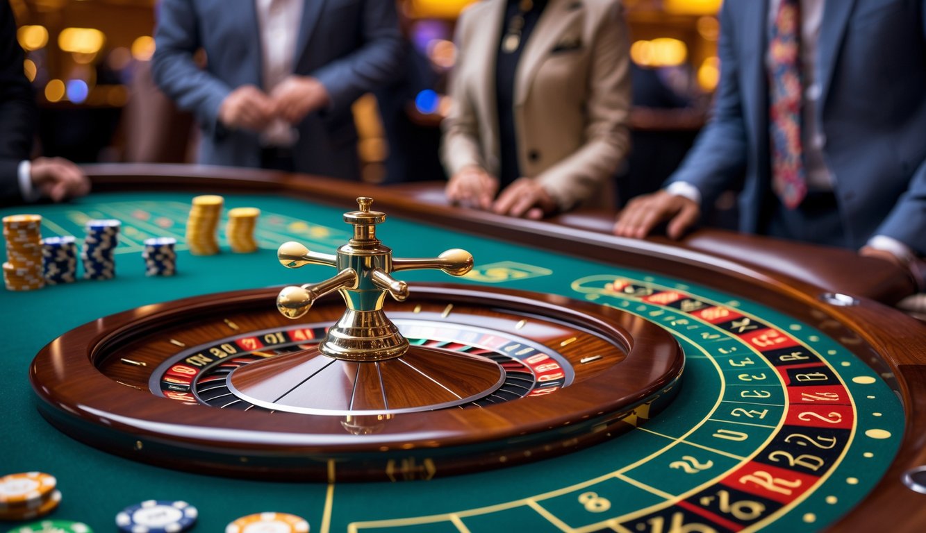 Meja roulette Amerika dengan roda berputar dan pemain yang fokus di sekitarnya di dalam kasino.