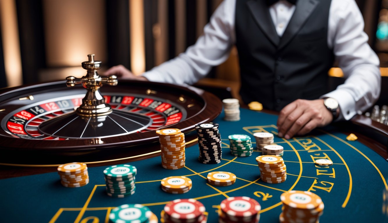 Meja roulette Amerika dengan roda roulette dan tumpukan chip taruhan, seorang dealer berjubah rapi bersiap memutar roda.