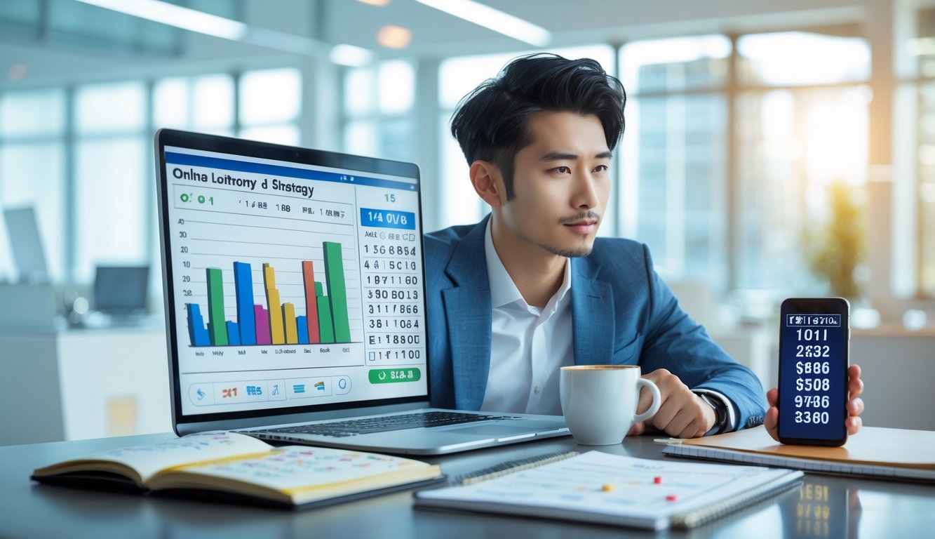 Seorang pria Asia muda duduk di meja kantor dengan laptop dan catatan, fokus pada analisis strategi judi togel online.
