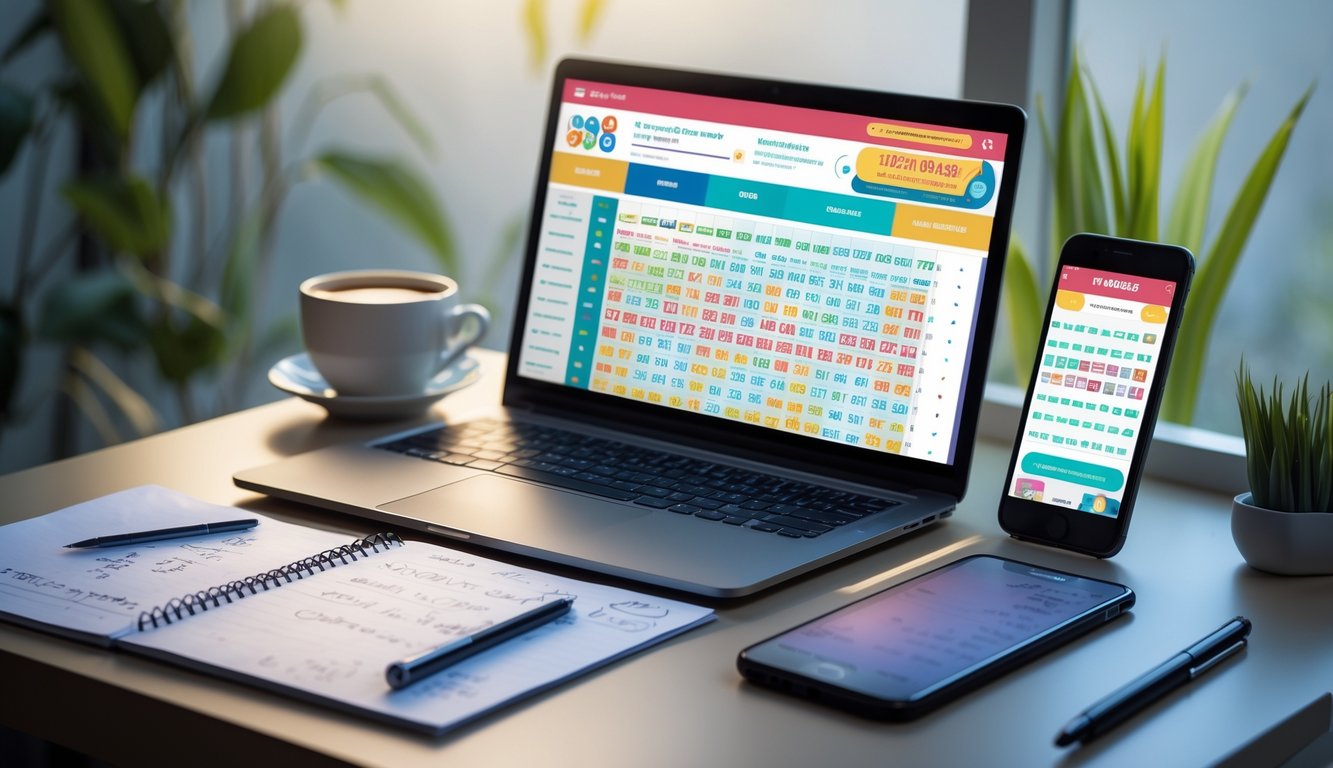 Meja kerja dengan laptop dan ponsel yang menampilkan antarmuka permainan togel online, dilengkapi dengan secangkir kopi dan catatan di sekitarnya.